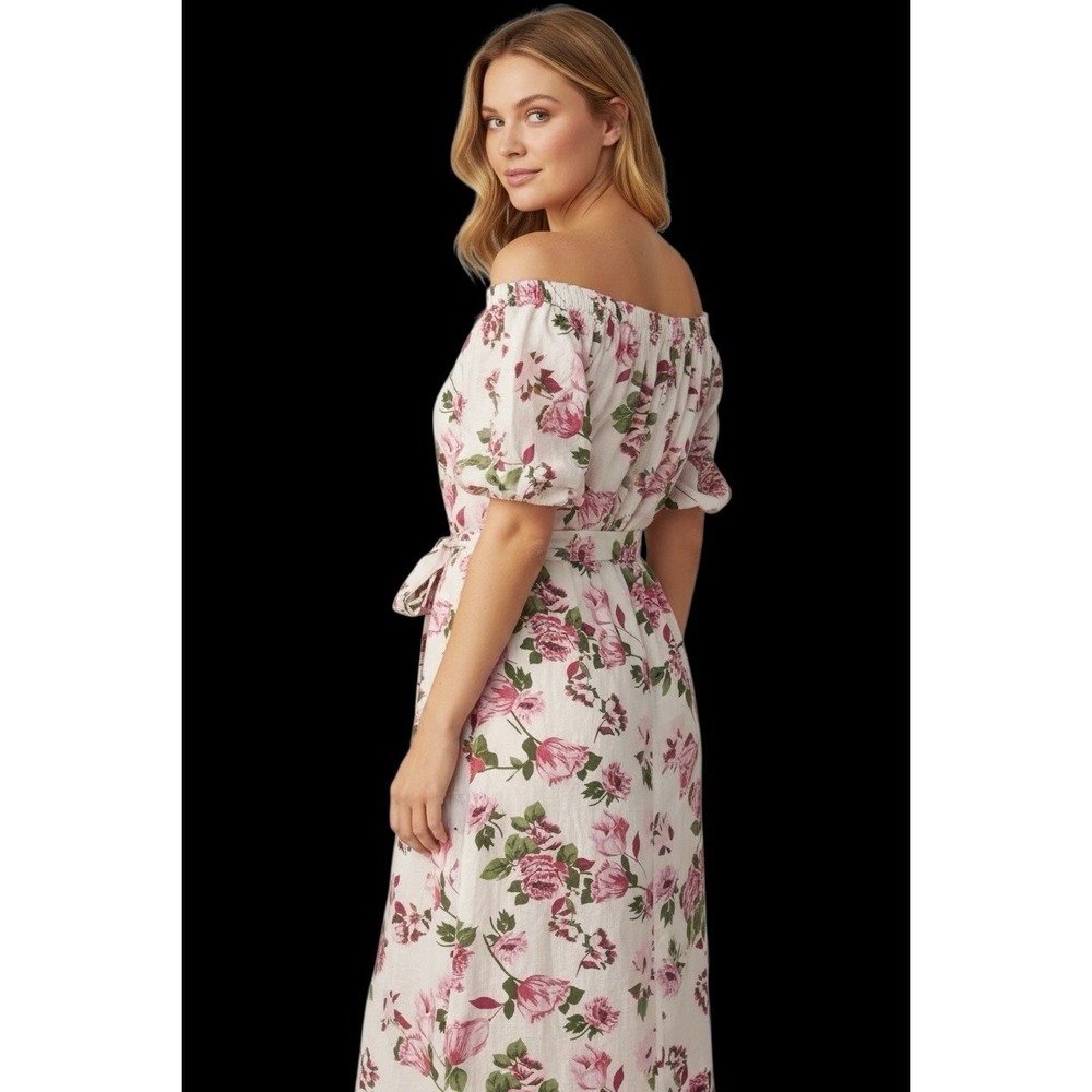 Puff Sleeve Floral Midi Dress M 100% Cotton Button Front Cottagecore Soft Girl